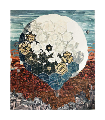 Anne Desmet: Kaleidoscope - “Early Flight” (2022) Linocuts and wood engravings collaged on archival board, with pencil drawing and watercolour 81 x 71 cm. Unique piece © Anne Desmet 2023 