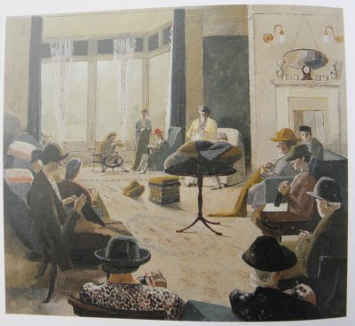 Exhibition by Women Artists -painting of a group of women knitting